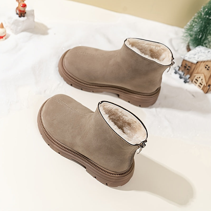 Kids Winter Ankle Boots with Plush Lining, Brown Fabric, Side Zipper, Casual Snow Booties
