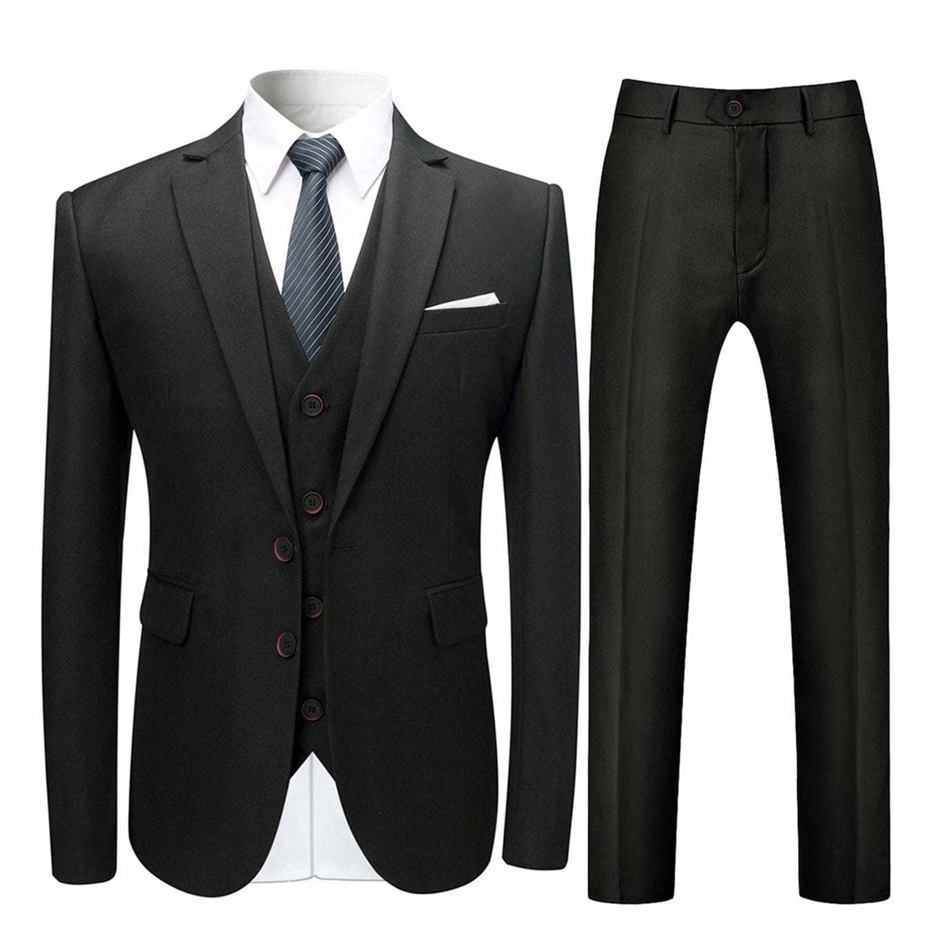 Men's Solid Color Woven Polyester Three-Piece Suit Set with Lapel Collar and Long Sleeves