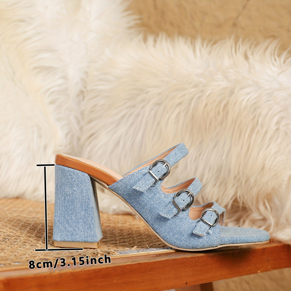 Women's Square Toe High Heel Sandals Light Blue Fabric Adjustable Ankle Straps