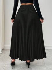 Women's Black Pleated Midi Skirt with Chain Detail and Loose Fit