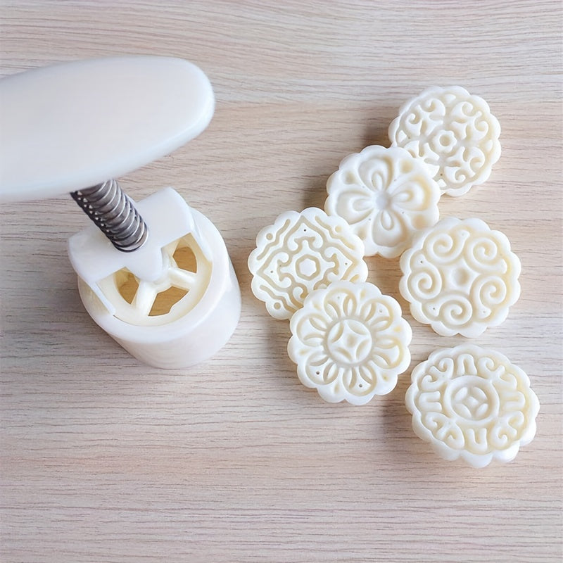 Moon Cake Maker Set with Flower-Shaped Mold and 6 Stamps for DIY Pastry Baking