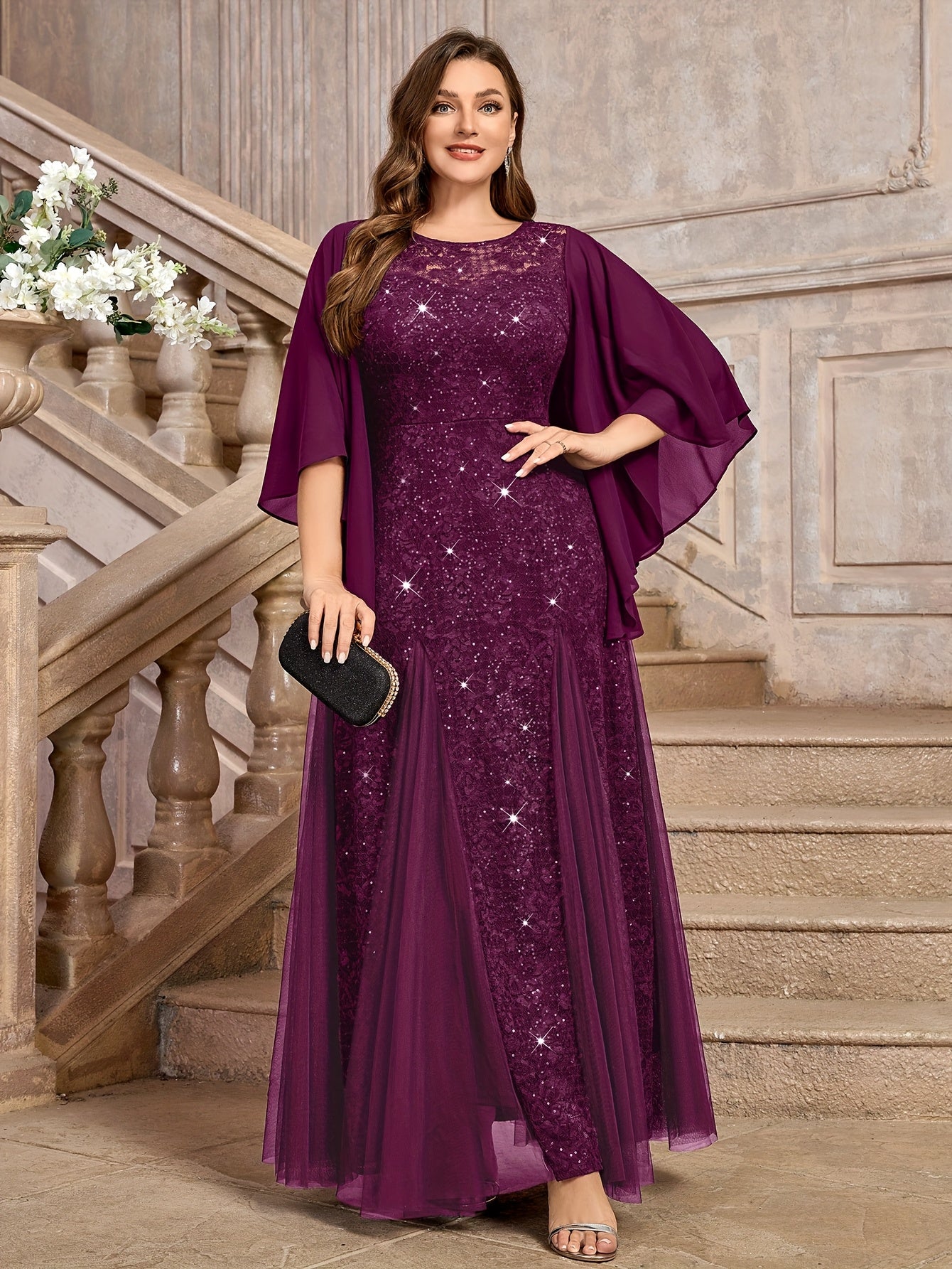 Elegant Floral Mermaid Dress with Butterfly Sleeves Sequin Lace Mesh Evening Gown