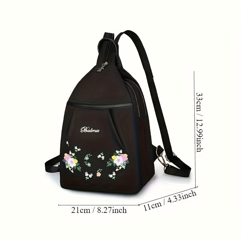 Nylon ayollar uchun ruksak, gullar bilan tikilgan, sozlanadigan kamarlar, qulaylik uchun qalin g'ovak qatlam, va zip yopilishi. Sayohat, ta'til, telefon, kalitlar va hamyon saqlash uchun ideal. Mavjud bo'lgan