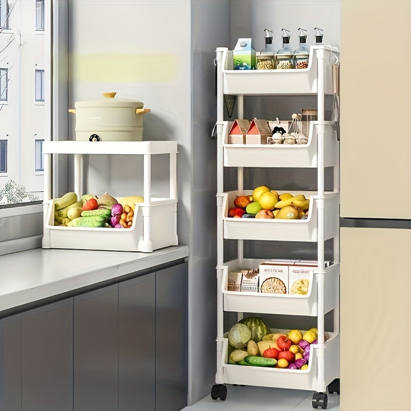 5-Tier Plastic Storage Organizer Rack with Hanging Hooks for Kitchen Office