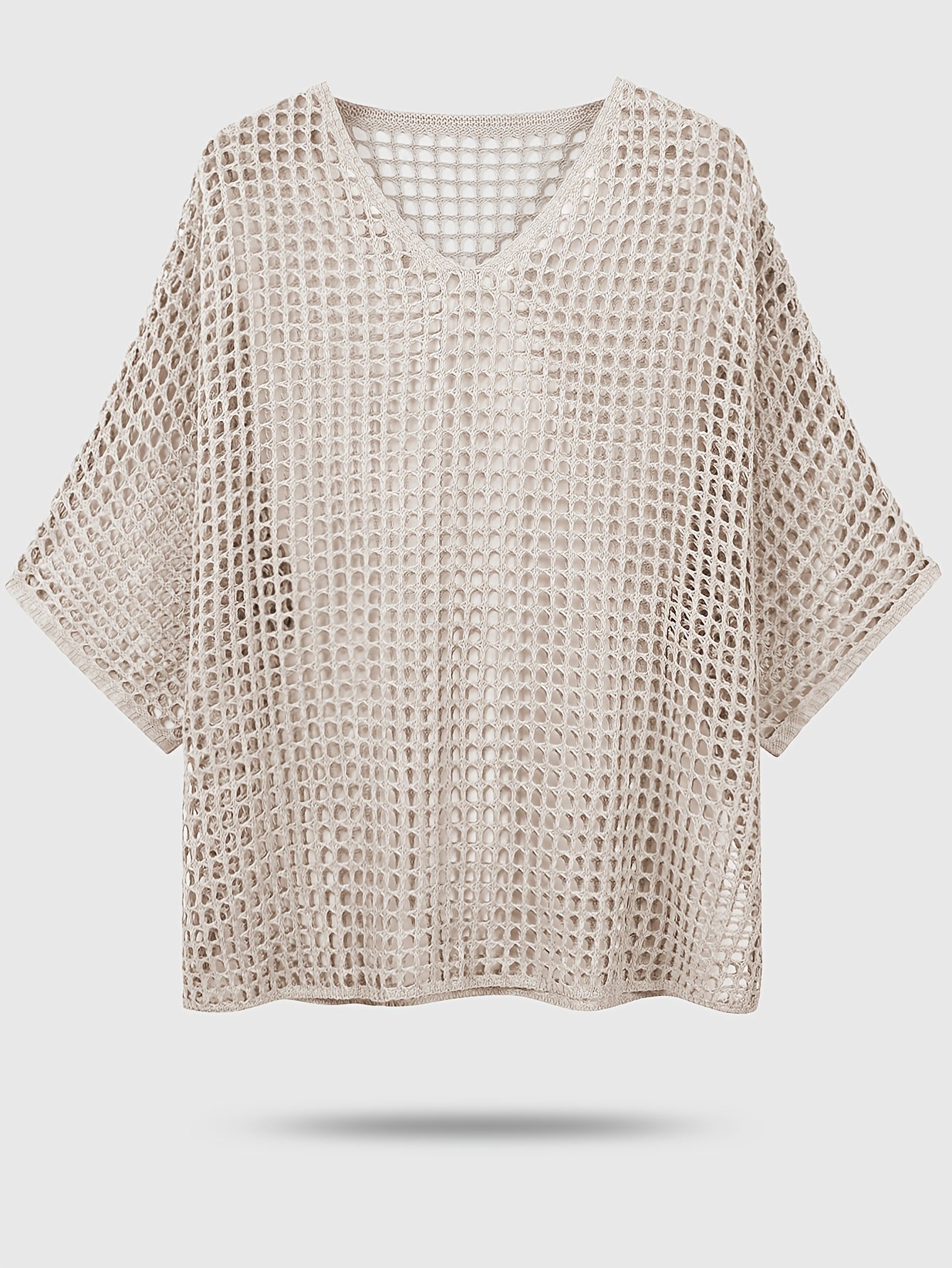 Plus Size V-Neck Knitted Top for Women Summer Solid Color Three-Quarter Sleeve