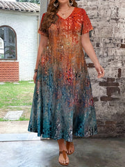 Платье большого размера с всеобъемлющим принтом, длинное, с V-образным вырезом, короткими рукавами, повседневное для весны и лета