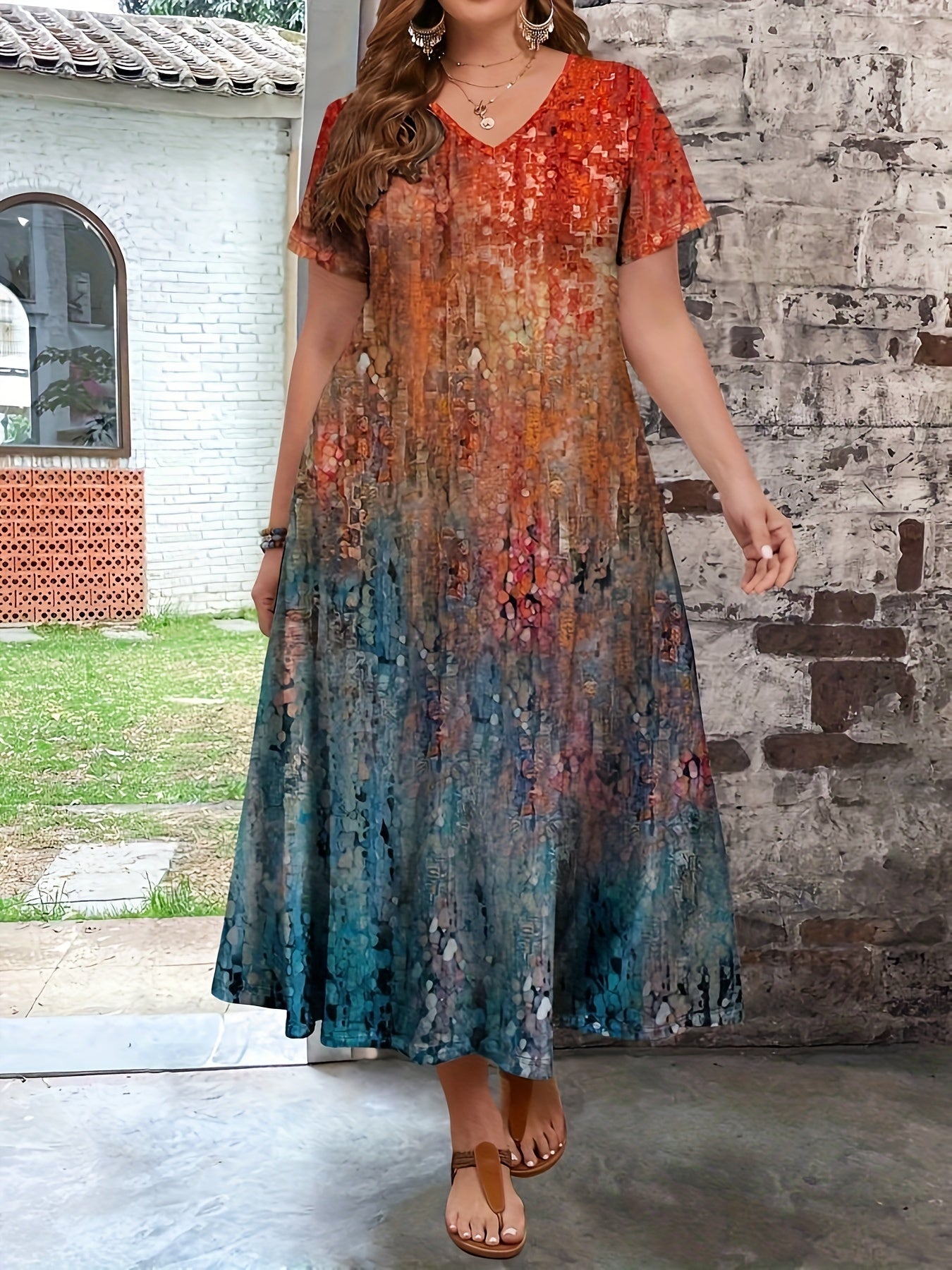 Платье большого размера с всеобъемлющим принтом, длинное, с V-образным вырезом, короткими рукавами, повседневное для весны и лета
