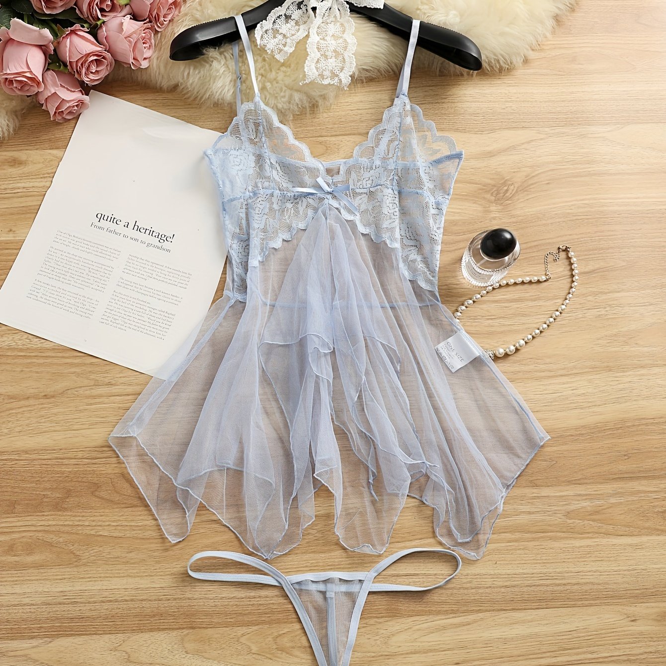 Women's Sheer Lace Lingerie Set with Bow Cami Dress and Thong