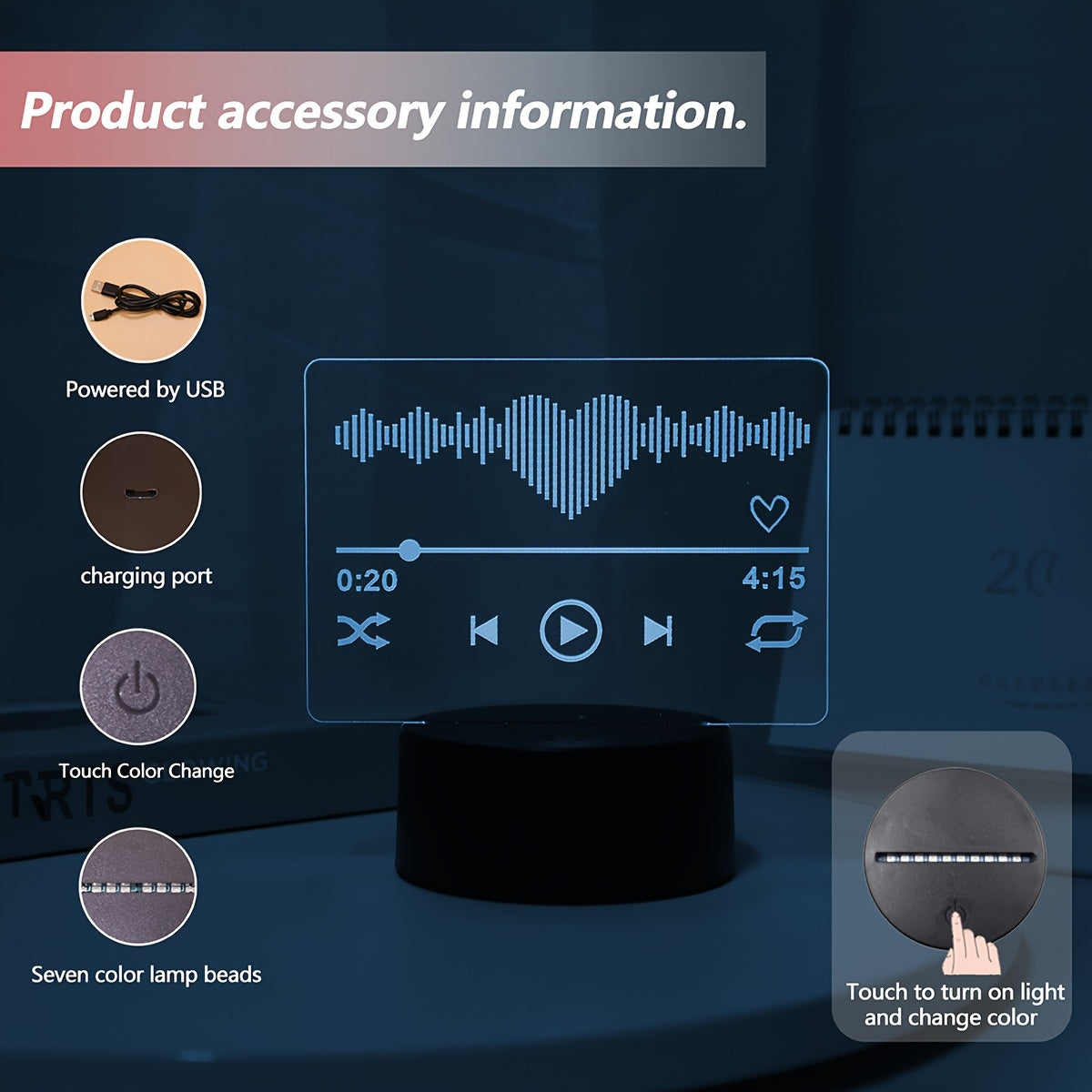 3D Night Light with Touch Control and 7-Color Ambient Lighting for Bedroom and Living Room