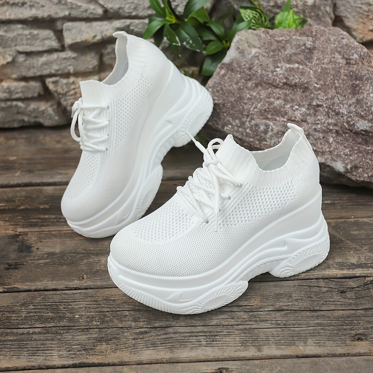 Women's White Slip-On Chunky Platform Sneakers Breathable Cushioned Heel