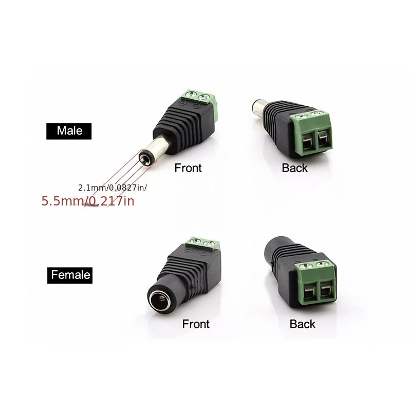 2pcs DC Power Connectors Male to Female 5.5mm x 2.1mm for LED Lights CCTV Cameras