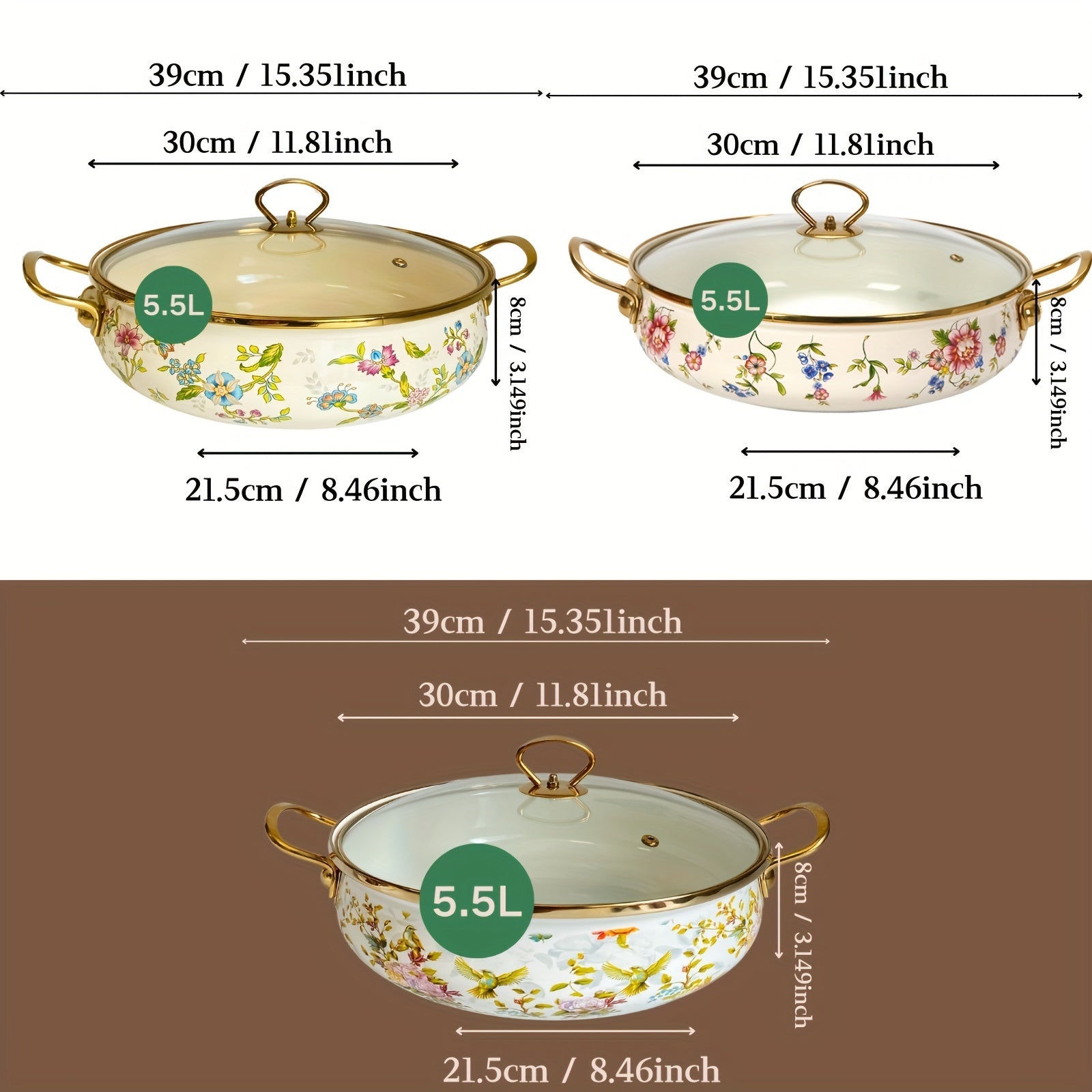 Enamel Porcelain Plate Set Three Flower Colors Golden Borders Kitchen Decor