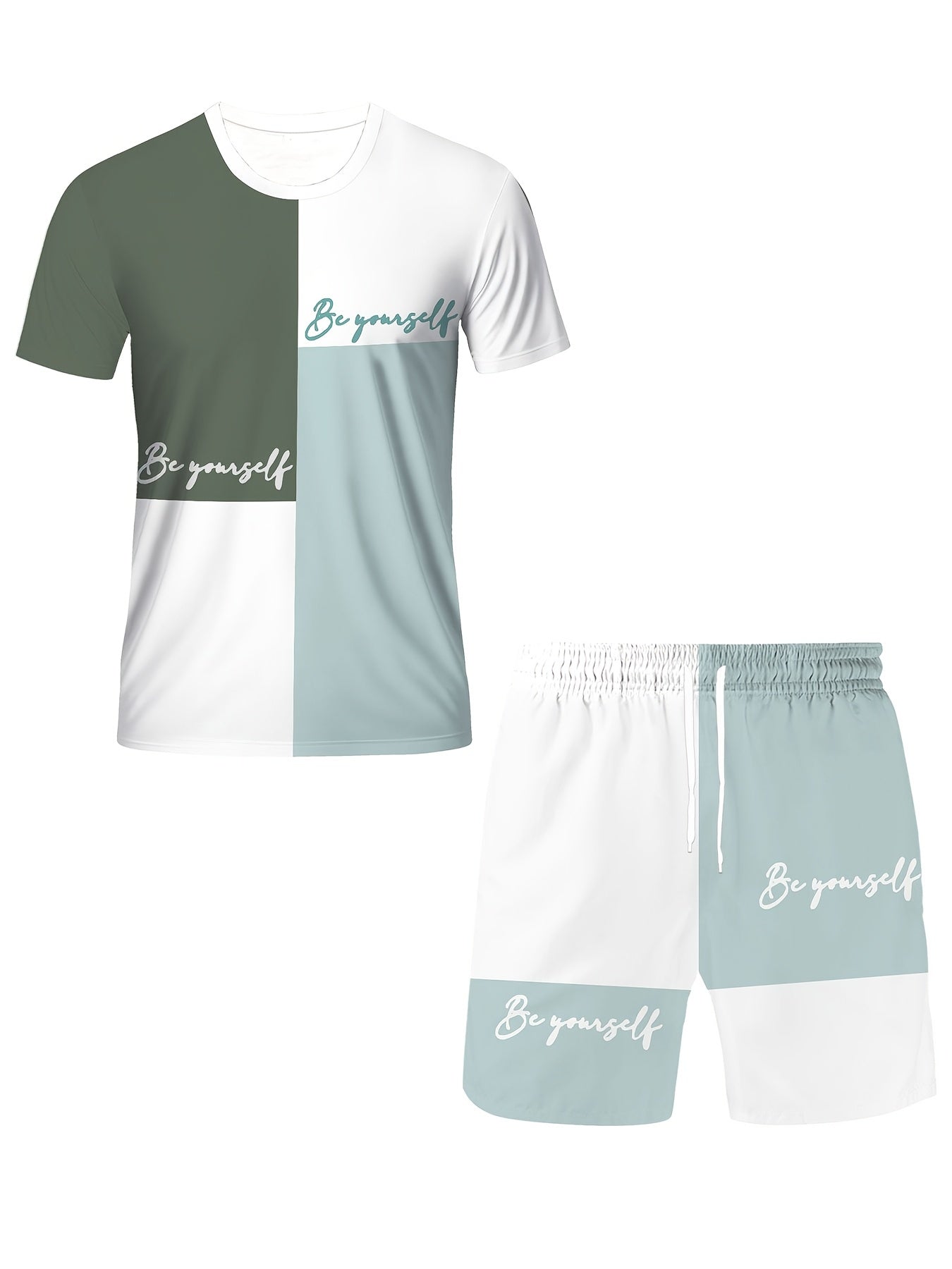 Plus Size Men's Color Block 2-Piece Set T-Shirt and Sports Pants Summer Casual Activewear