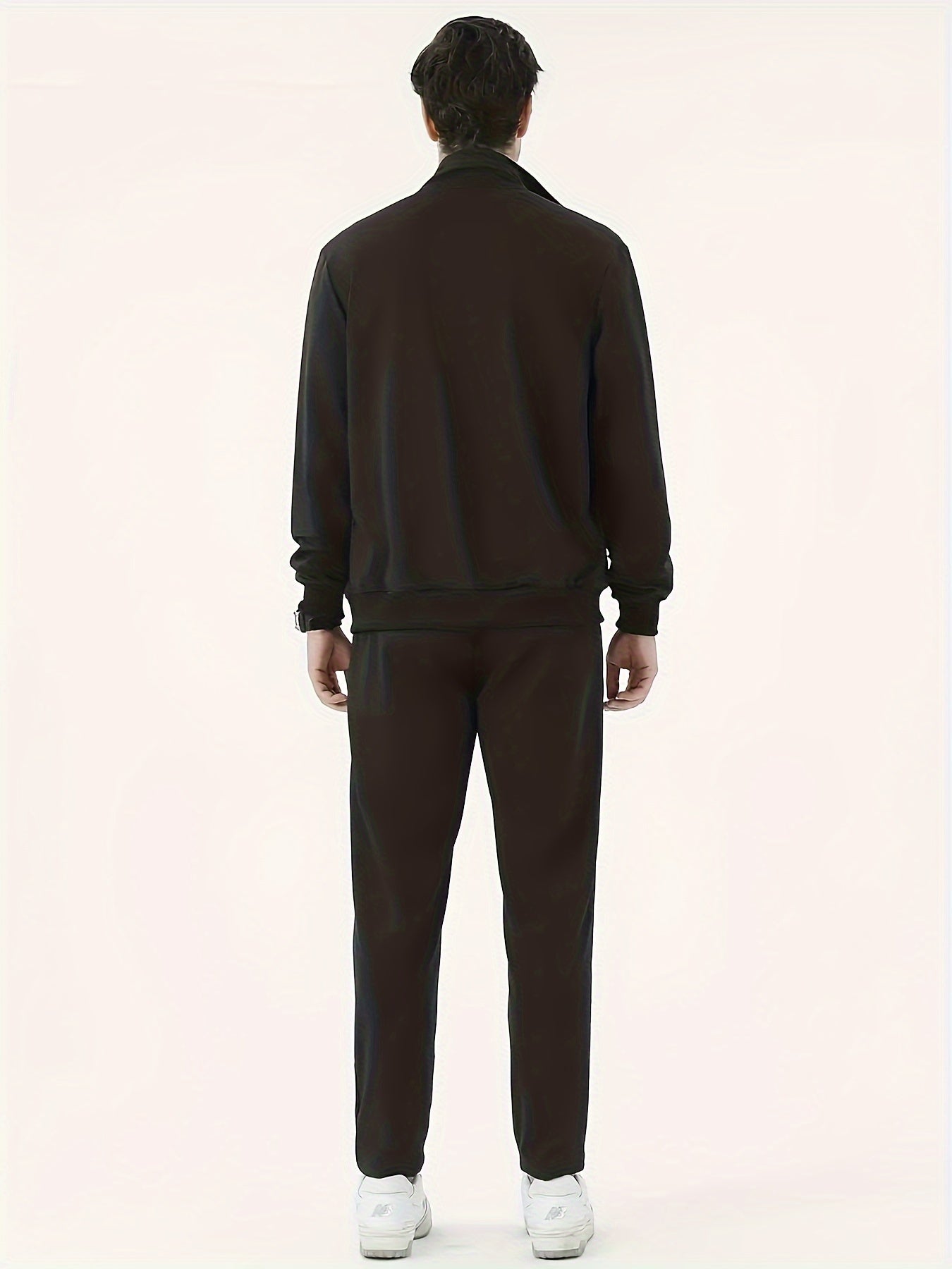 Men's Casual Sportswear Set with Zipper Jacket and Lapel Collar Polyester Knit Fabric