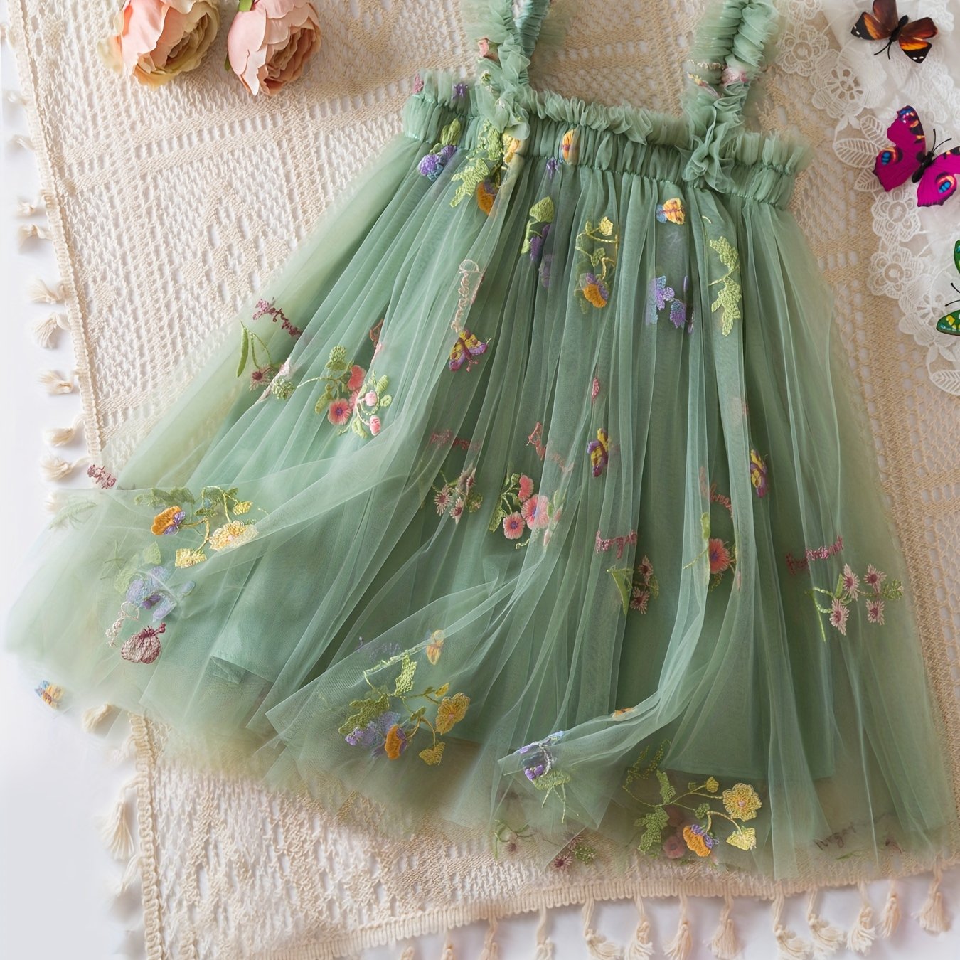 Baby Girl Sleeveless Mesh Dress with Flower Embroidery for Summer Birthdays