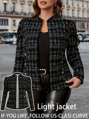 Plus Size Women's Houndstooth Blazer Long Sleeve Button-Front Black White