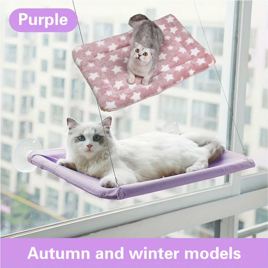 White and Gray Plaid Cat Hammock with Detachable Blanket and Secure Straps for Indoor and Balcony Use