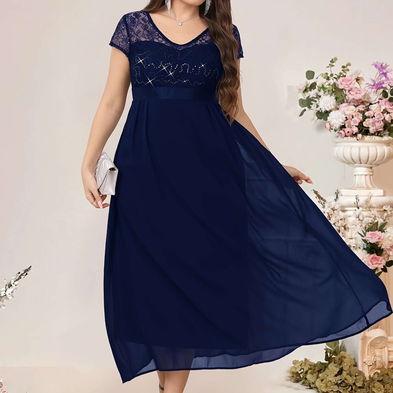 Women's Plus Size Sequined Chiffon Patchwork Dress
