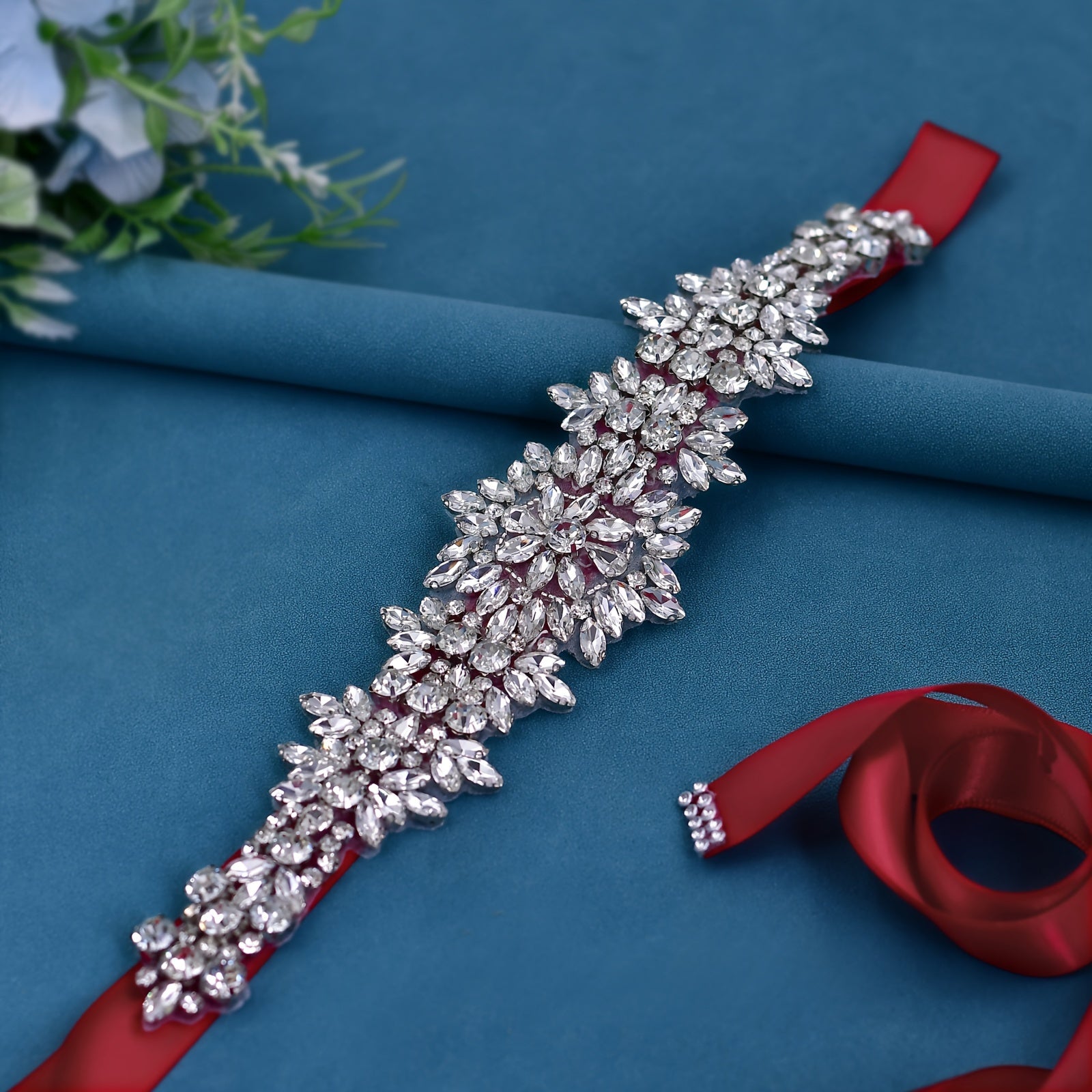 Wedding Dress Belt with Shiny Silver Stones and Red Ribbon for Bridal Evening