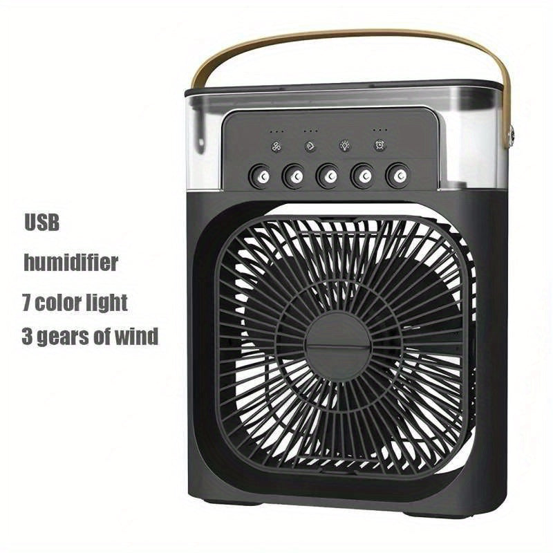 Compact USB Fan with LED Lights Humidifier and Adjustable Speeds for Home Office Use