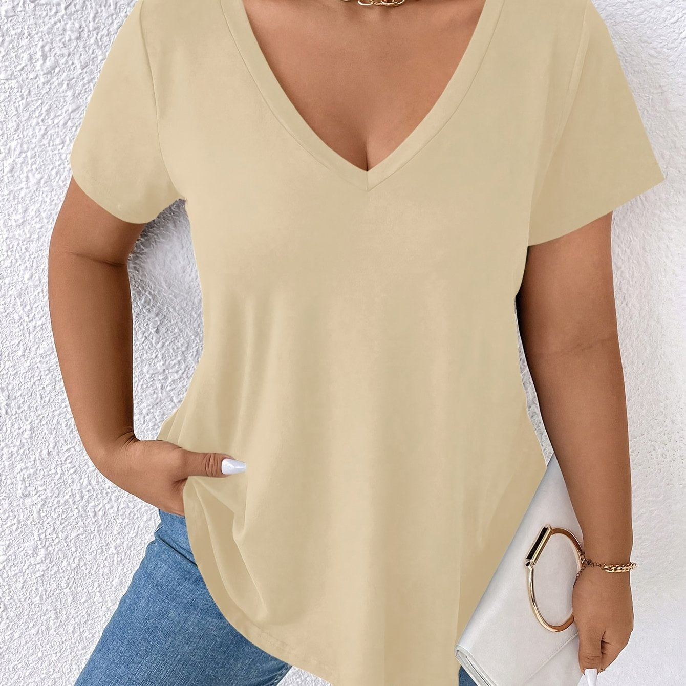 Women’s V-Neck Short Sleeve T-Shirt Soft Stretch Solid Color Casual Top