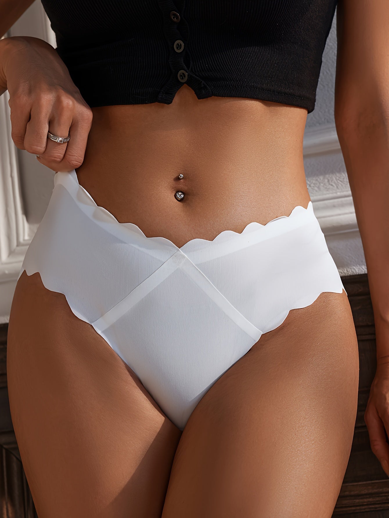 5pcs Women's Elegant Wave Edge Briefs Nylon Elastane Mid-Rise Non-See-Through