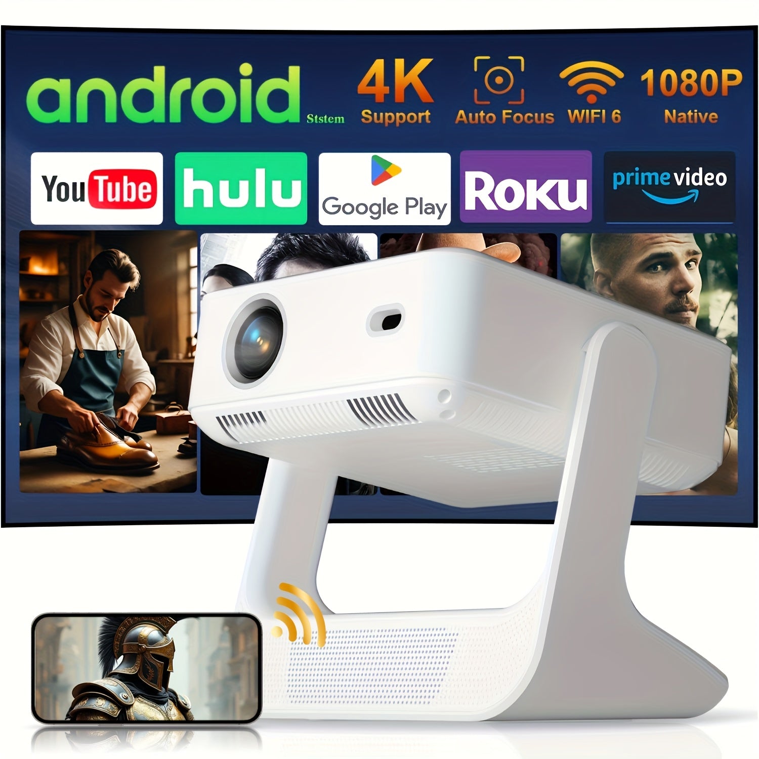 Portativ 4K HD Aqlli Proyektor WiFi6 va Avtomatik Keystone To'g'rilash bilan