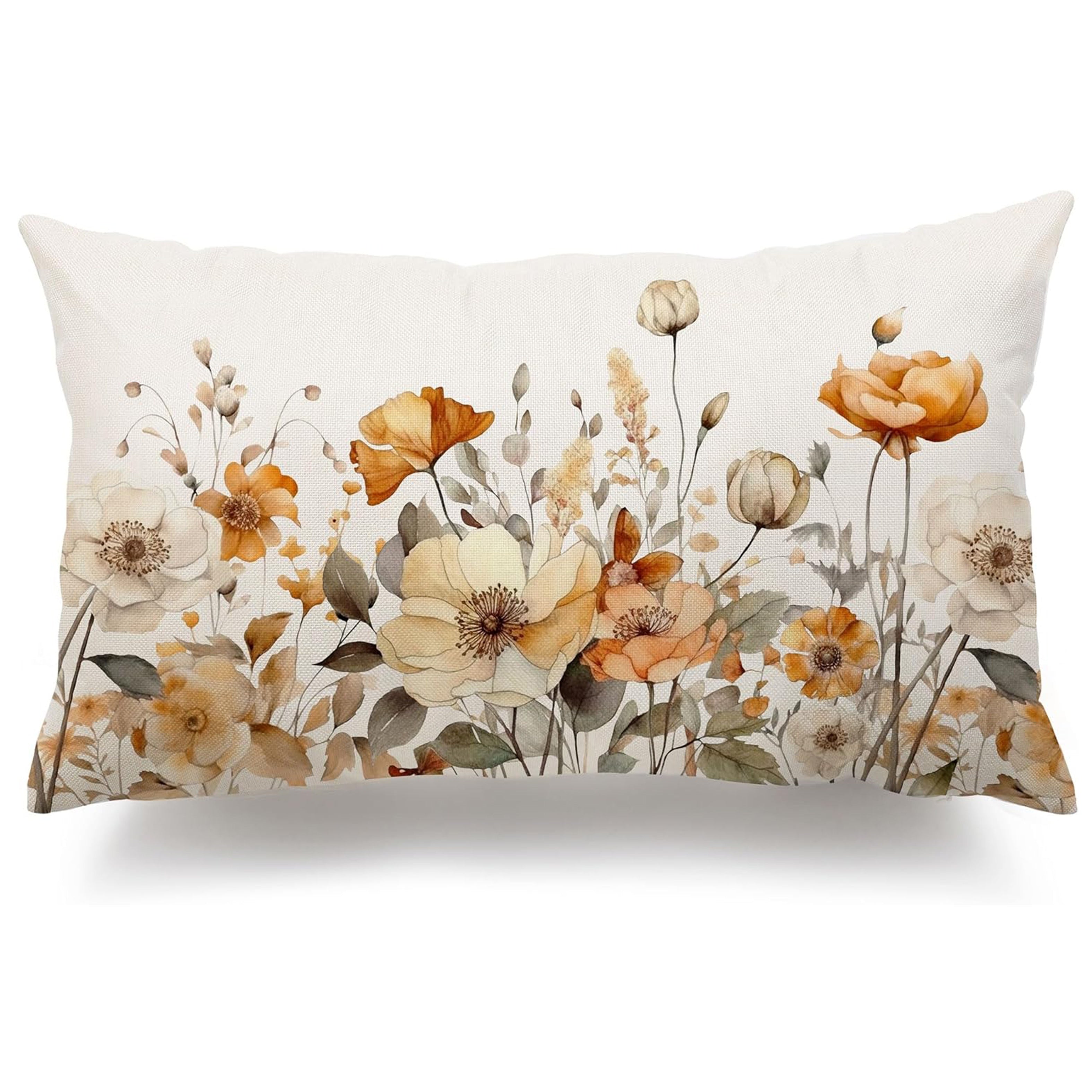 Fall Thanksgiving Pillow Cover Orange White Floral Linen Blend 12x20 Inches