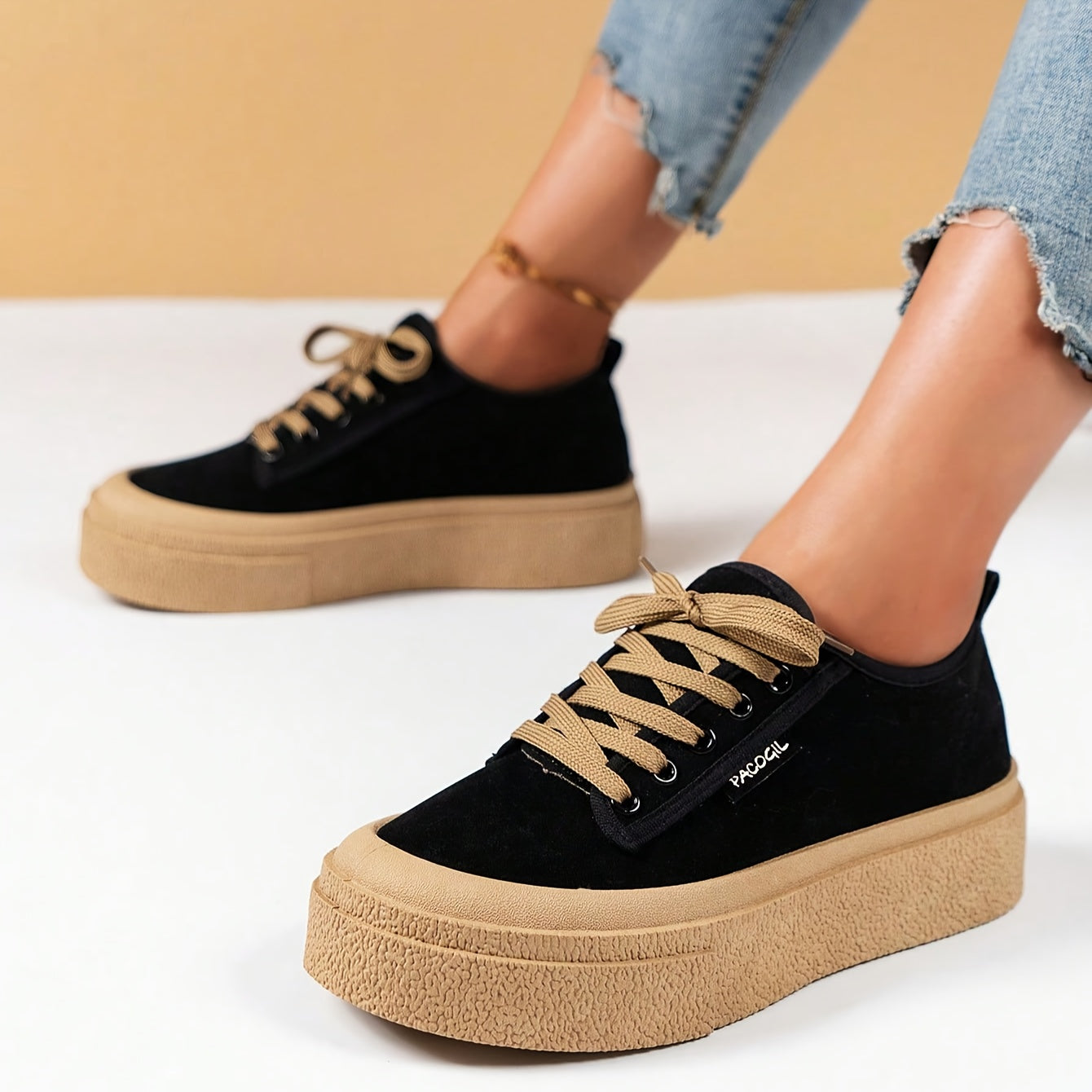 Women's Solid Color Low Top Lace-Up Sneakers with Fabric Upper and PVC Sole