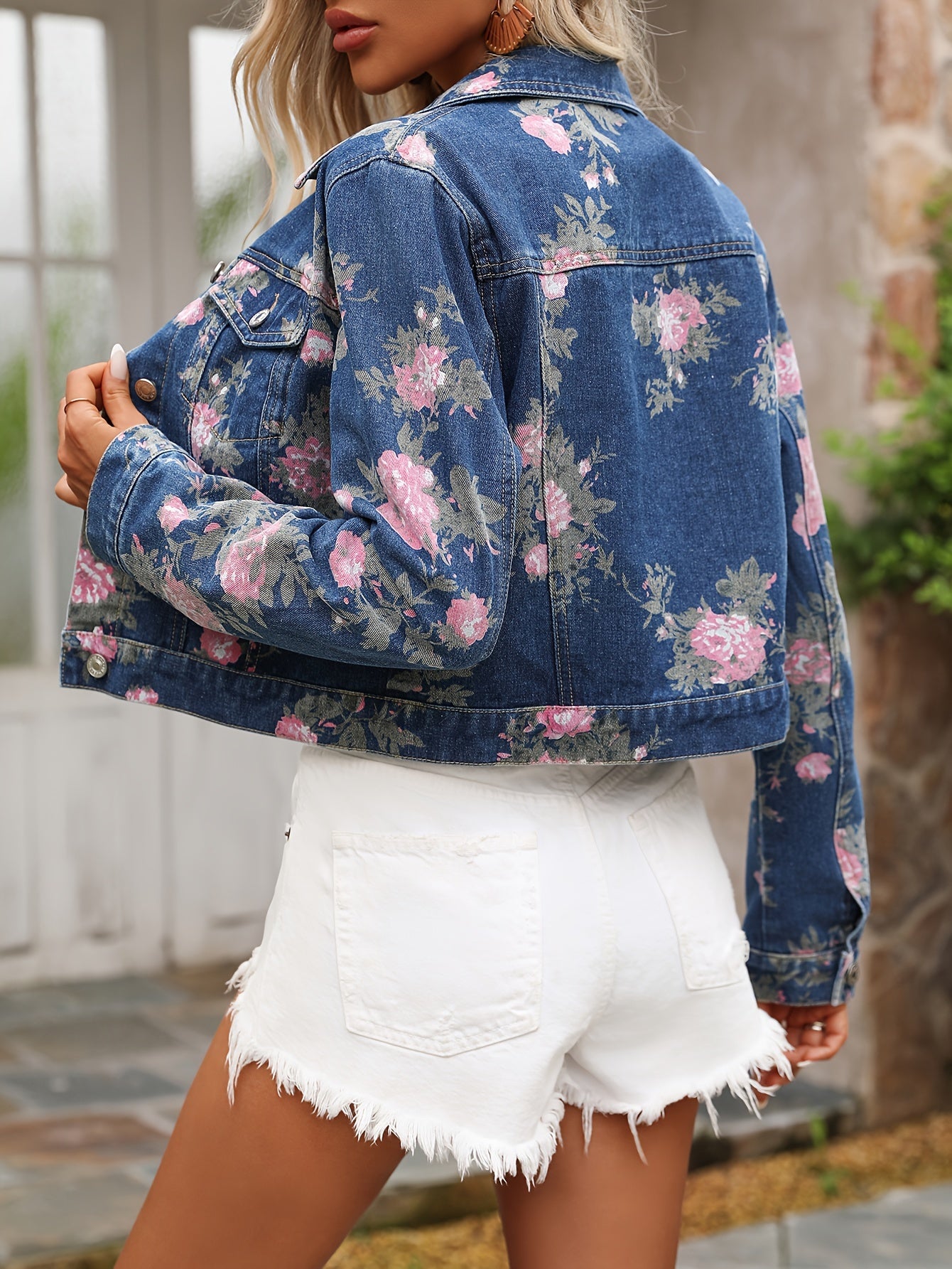 Plus Size Floral Print Denim Jacket for Women Long Sleeve Spring Fall Fashion