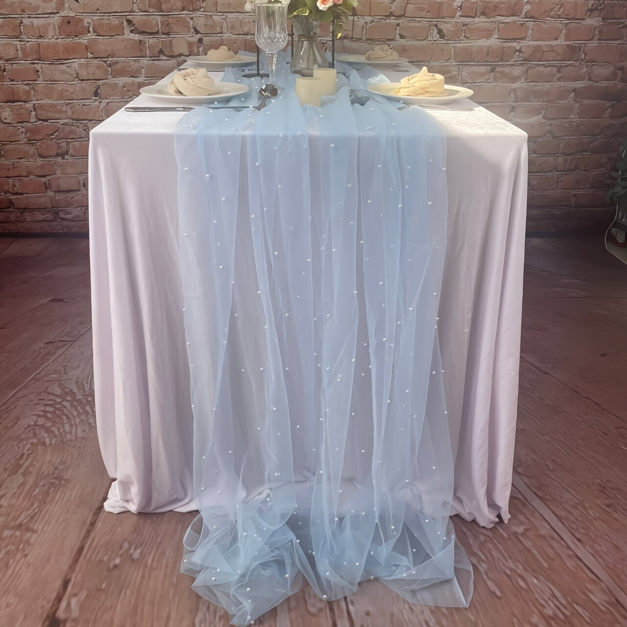 Pearl Lace Embroidered Table Runner for Wedding Arch Bridal Shower Event White Chiffon Tulle