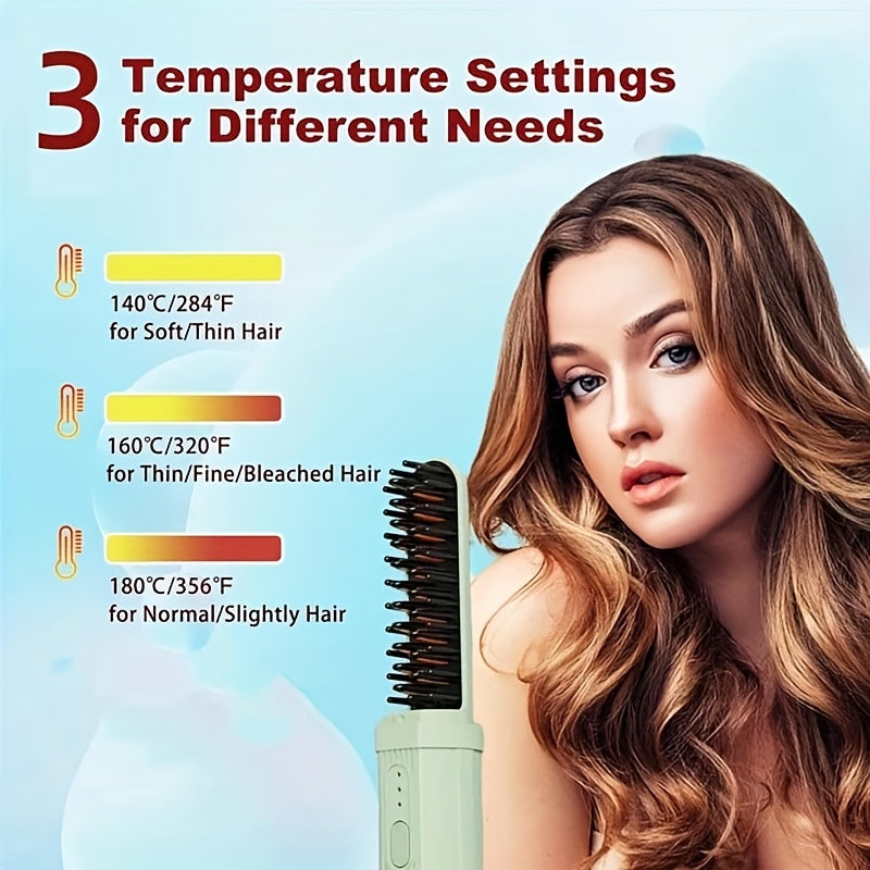 Беспроводная щетка для выпрямления волос с 3 уровнями температуры, перезаряжаемый литий-ионный аккумулятор USB-C, портативная для путешествий, двойного назначения для выпрямления и завивки