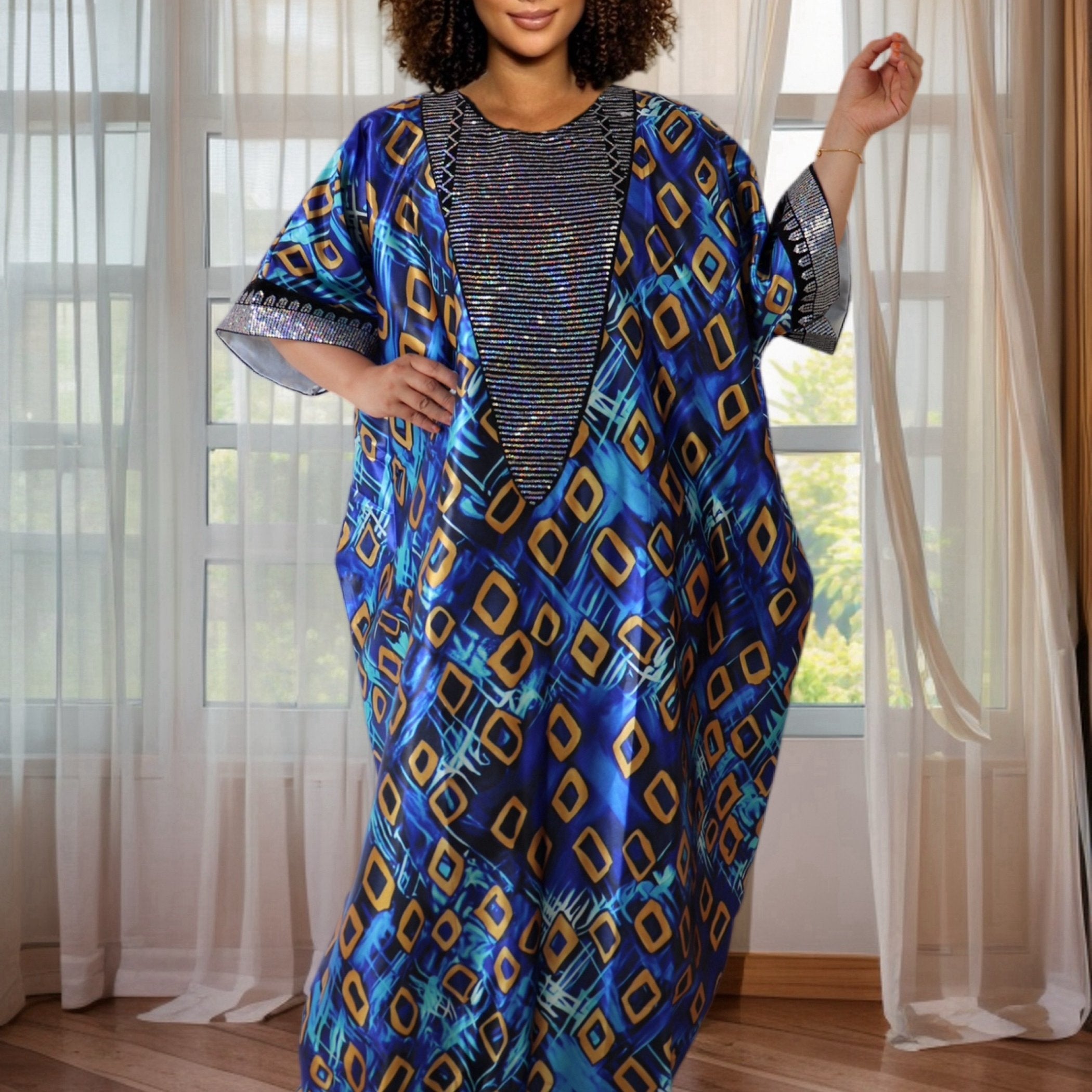 Plus Size African Lady Sequin Printed Satin Long Dress