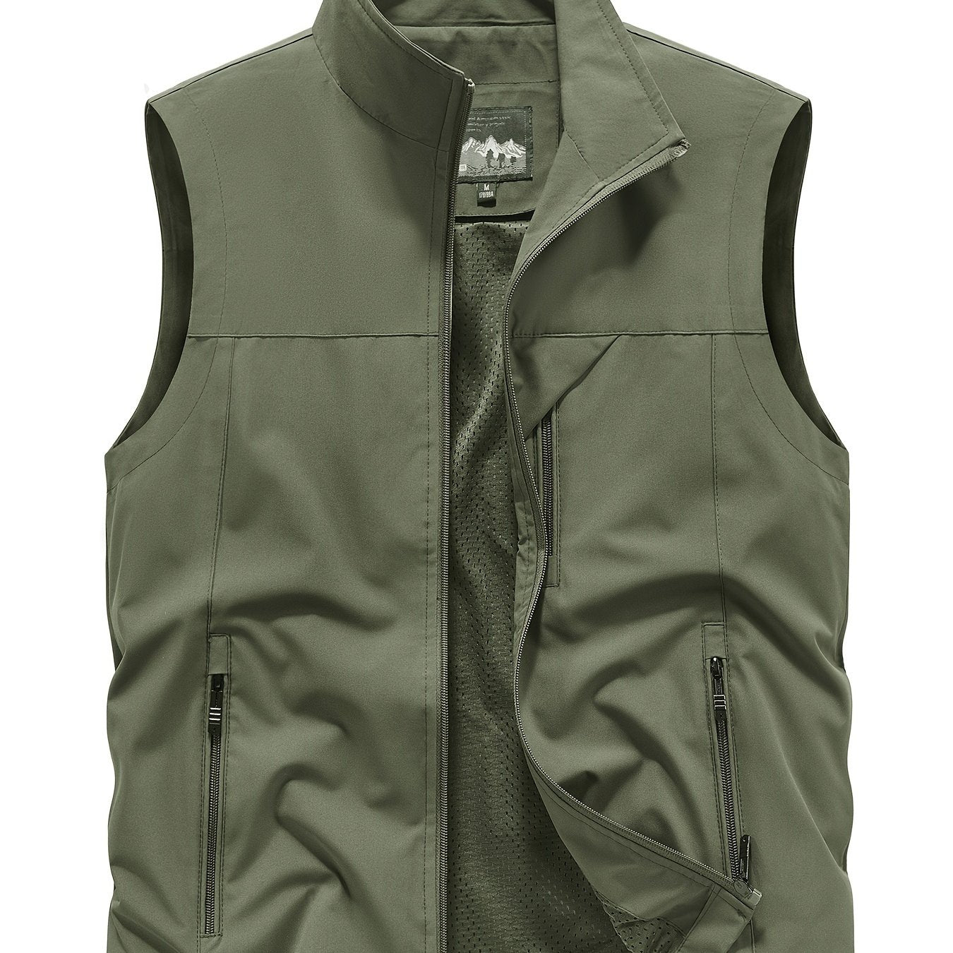 Men's Polyester Sleeveless Jacket with Zipper Pockets Stand Collar for Outdoor Activities