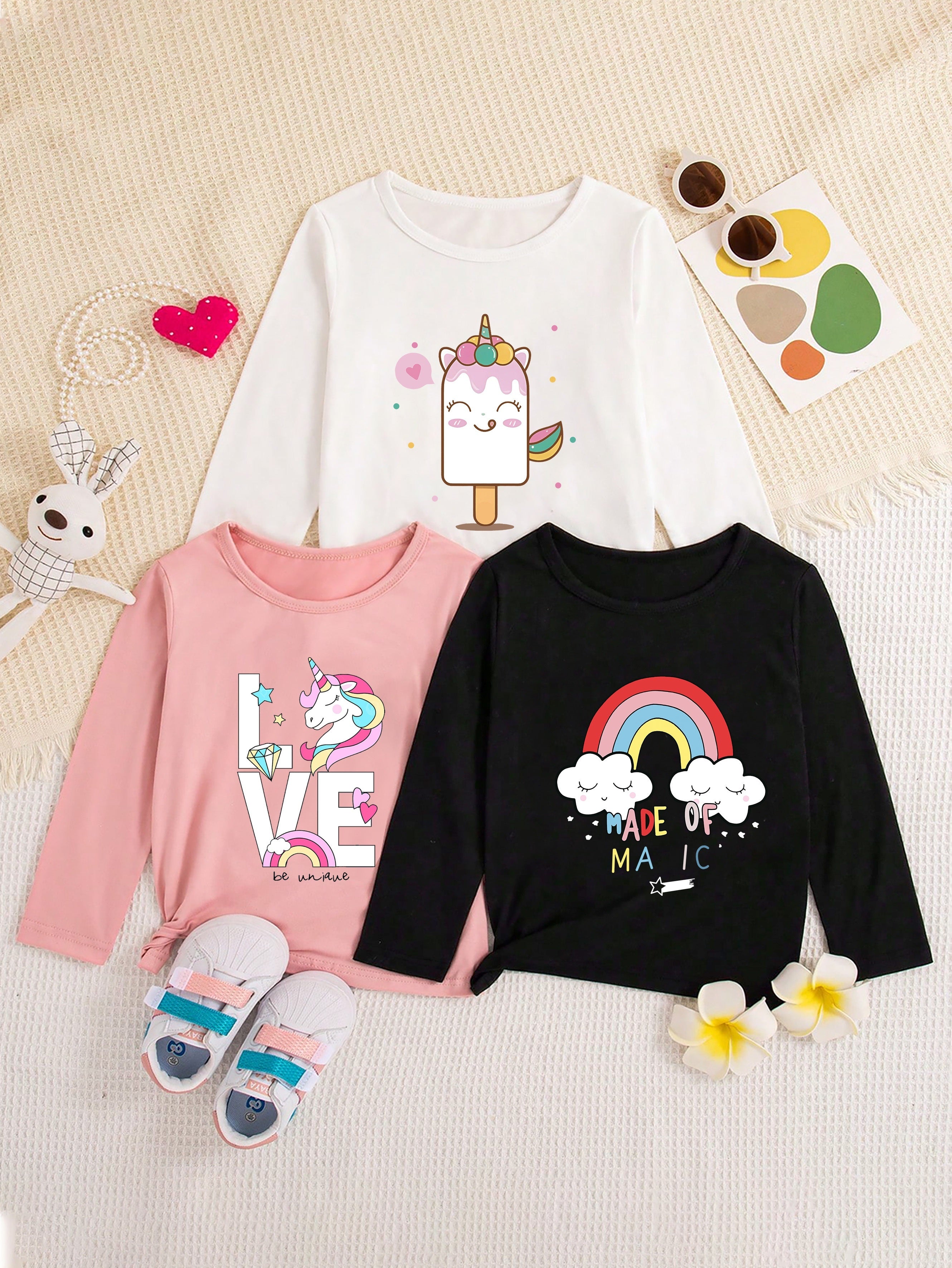 Girls Long Sleeve T-Shirt with Unicorn Print Polyester Spring Fall Regular Fit