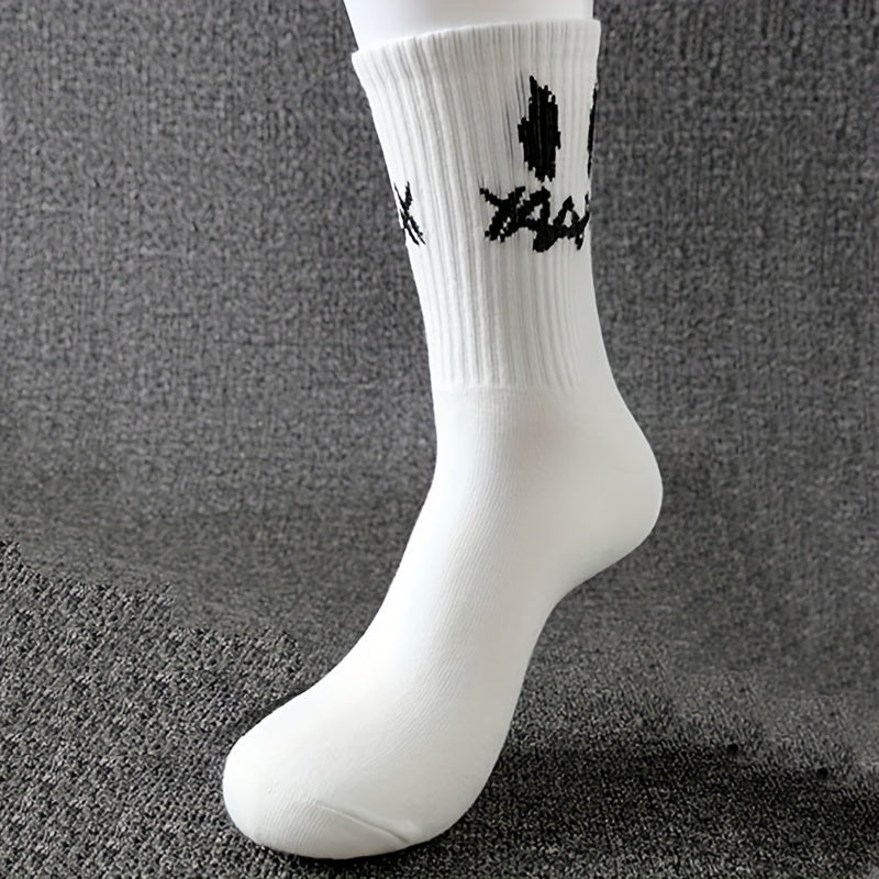 Men's Black and White Graffiti Pattern Crew Socks 5 Pairs Breathable Comfortable All Seasons