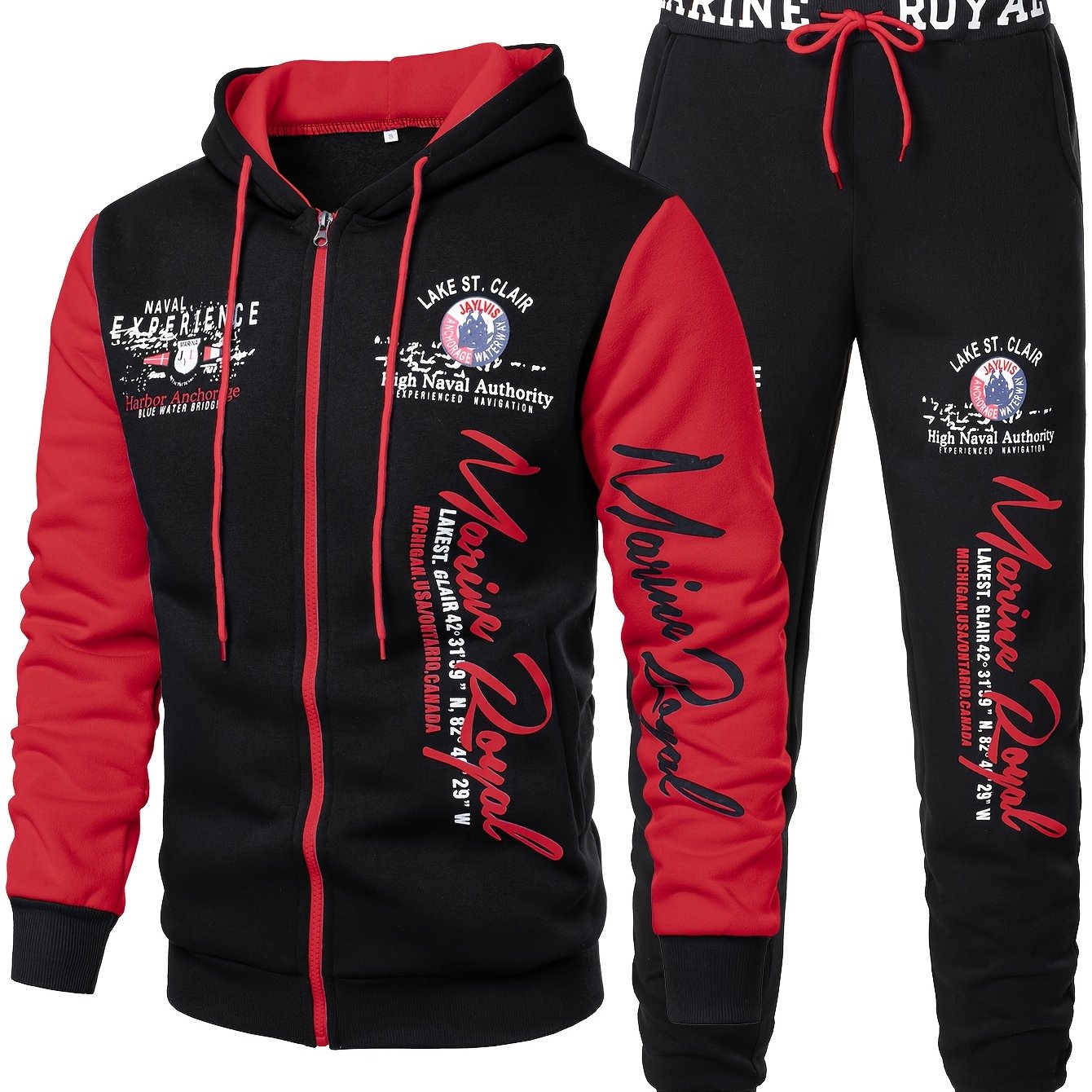Men's Polyester Hooded Tracksuit Set with Print Pattern and Elastic Waistband