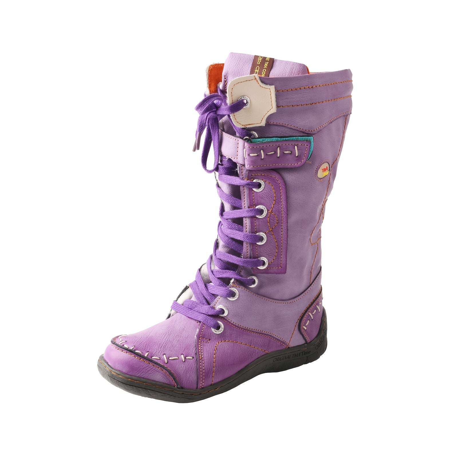 Women's High-Top Leather Lace-Up Hiking Boots with Colorful Accents
