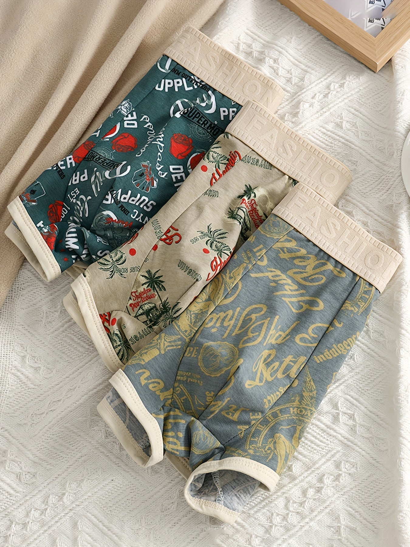 Set of 3 Men's Comfort Fit Boxer Briefs with Geometric Print Cotton Spandex