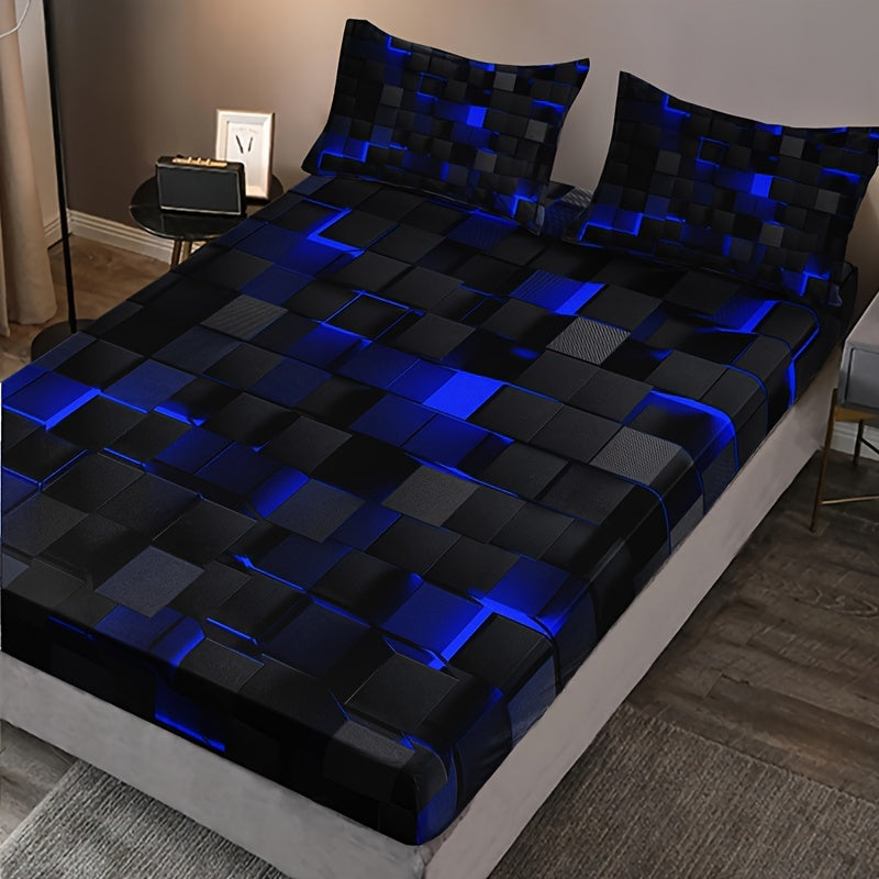 Set of 3 Red Plaid Fitted Sheet and Pillowcases Bedding Set for Home or Dorm