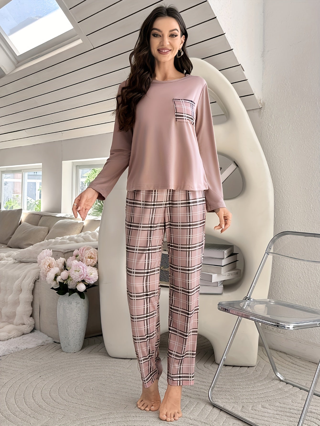 Women's Plaid Pajama Set Long Sleeve Crew Neck Fall Winter Casual