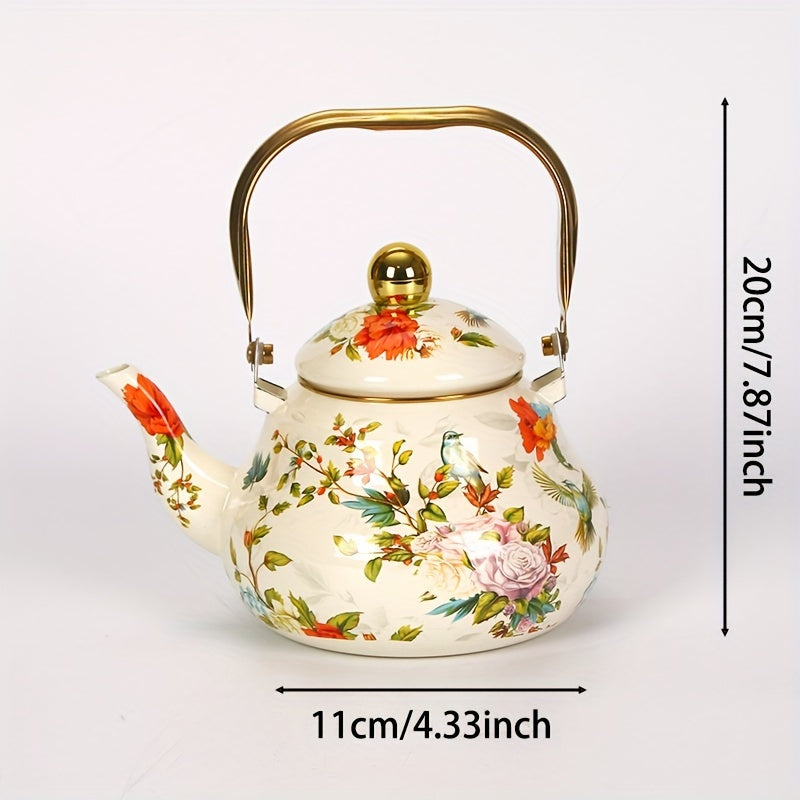 Vintage Enamel Tea Kettle with Gold-Plated Steel Handle 1100W Non-Electric Water Boiler