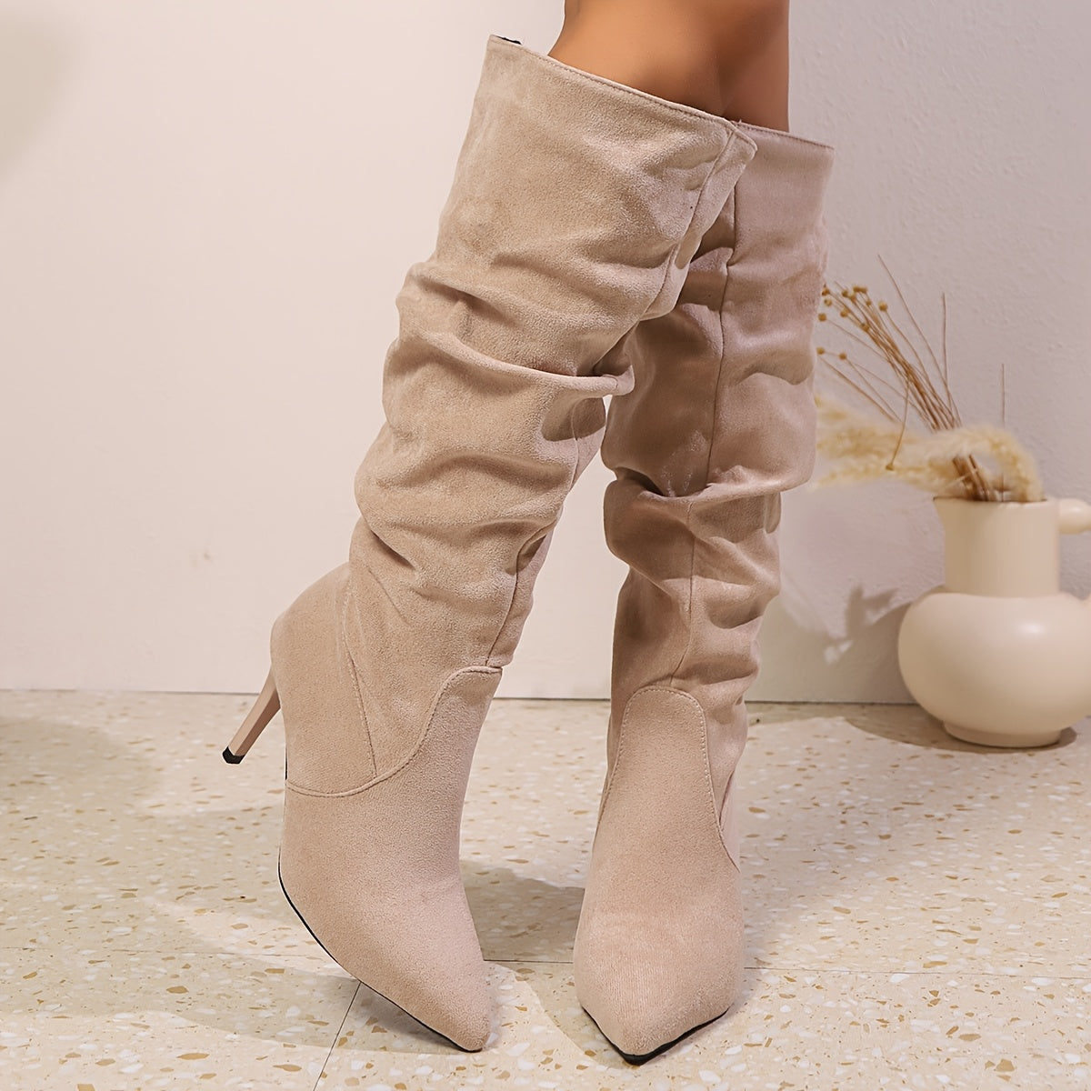 Women's Ruched Knee-High Stiletto Booties with Pointed Toe and Rubber Sole