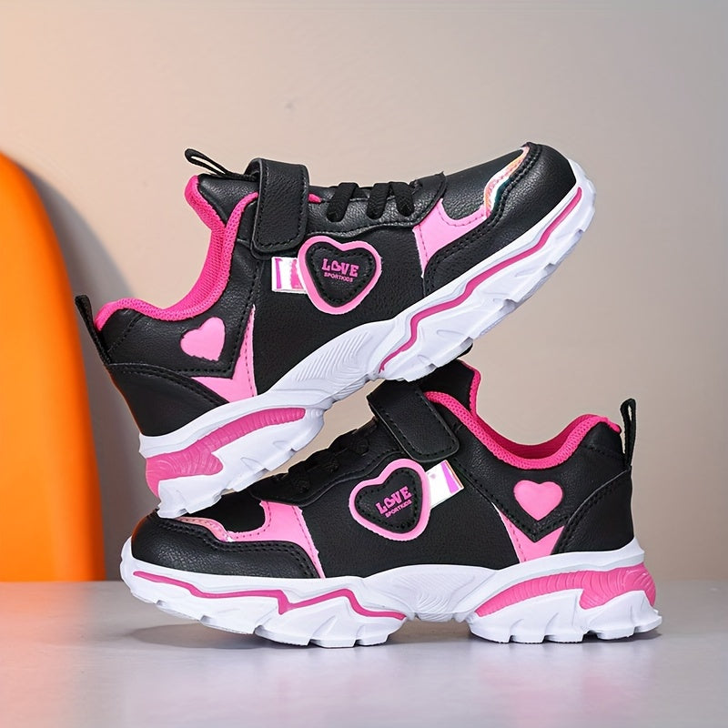Girls Running Shoes Black and Pink Lightweight Glow-in-the-Dark Hook-and-Loop Sneakers