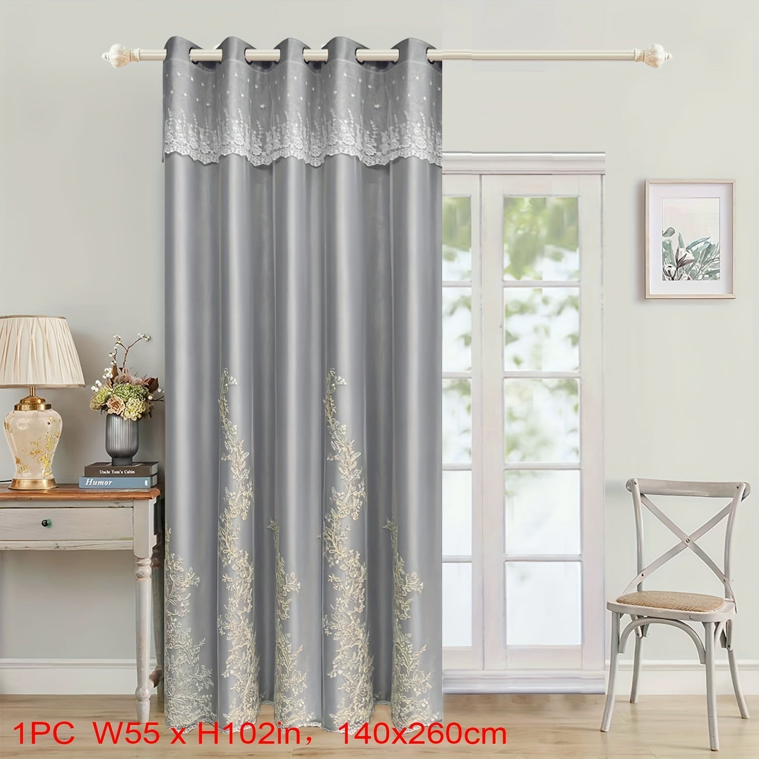 Double Layer Embroidery Curtain with Lace Grommet Top for Bedroom or Living Room Window Treatment