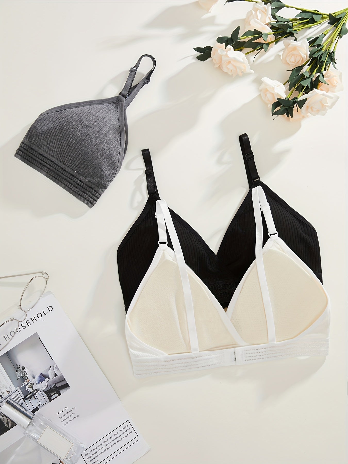 Women's Soft Ribbed Bra Set with Removable Pads in Black White Gray