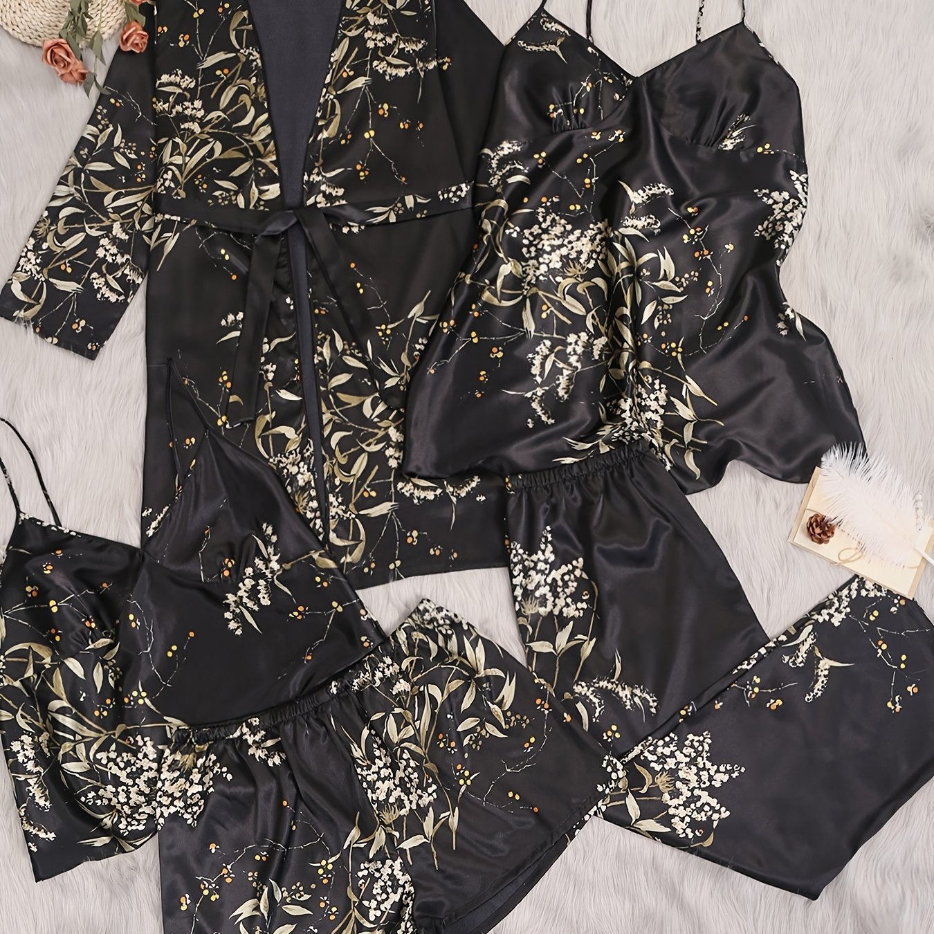 Plus-Size Women's Printed Loungewear Set with Camisole Dress Shorts Pants and Robe for Fall Winter