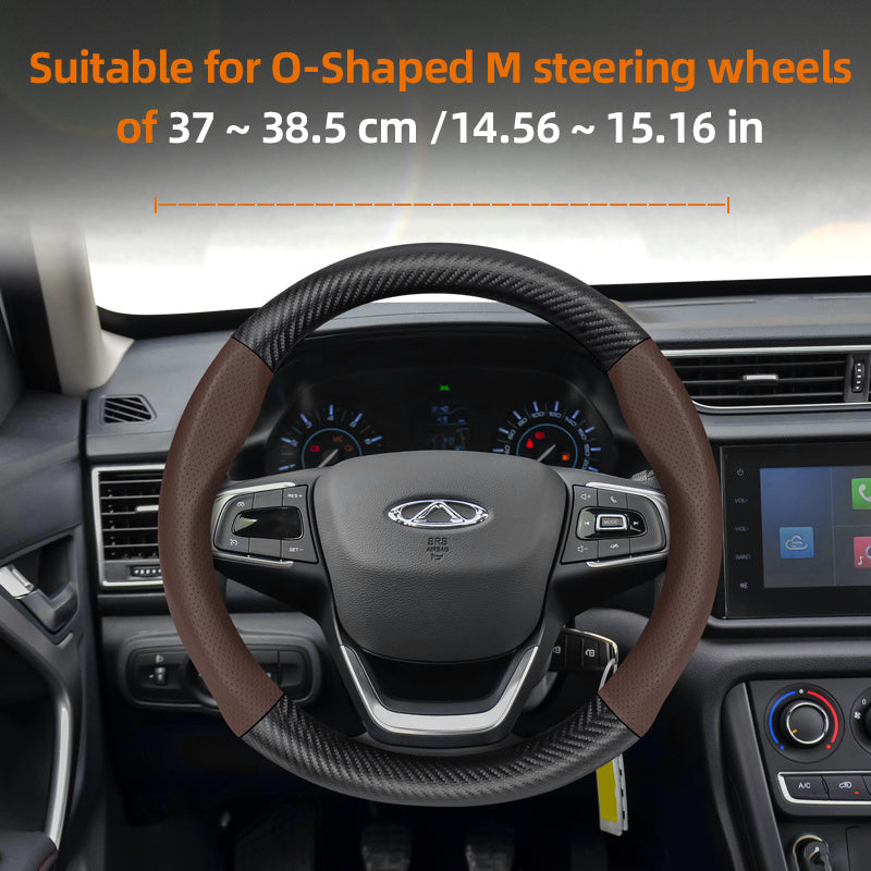 Leather Steering Wheel Cover Carbon Fiber Textured Breathable Black Burgundy Mocha Orange