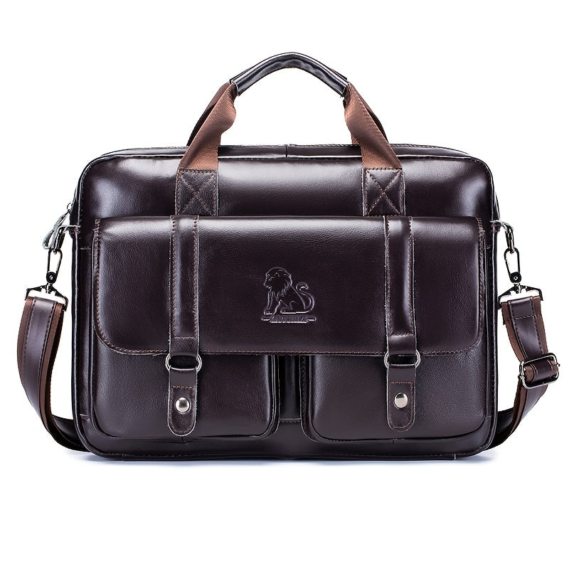 Men's Leather Briefcase with Multiple Compartments and Adjustable Shoulder Strap Coffee