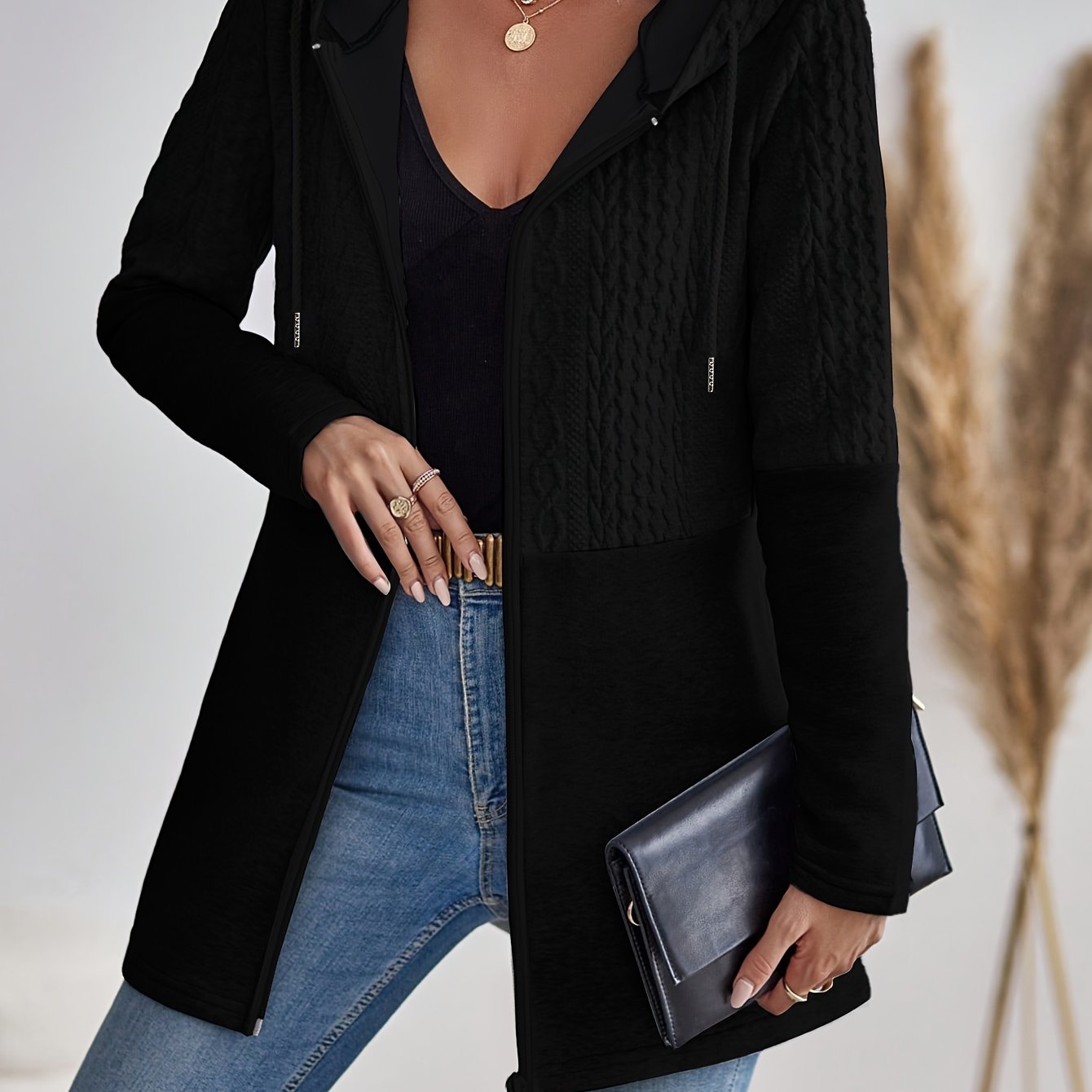 Women's Gray Hooded Cardigan Polyester Zipper Solid Color All Season